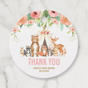 Floral Woodland Animals Baby Shower Girl Thank You Favor Tags