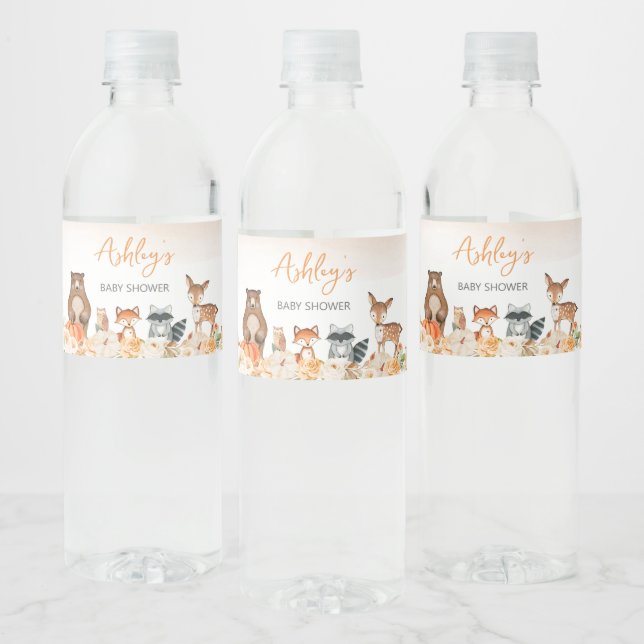 Floral Woodland Animals Baby Shower Water Bottle Label (Bottles)