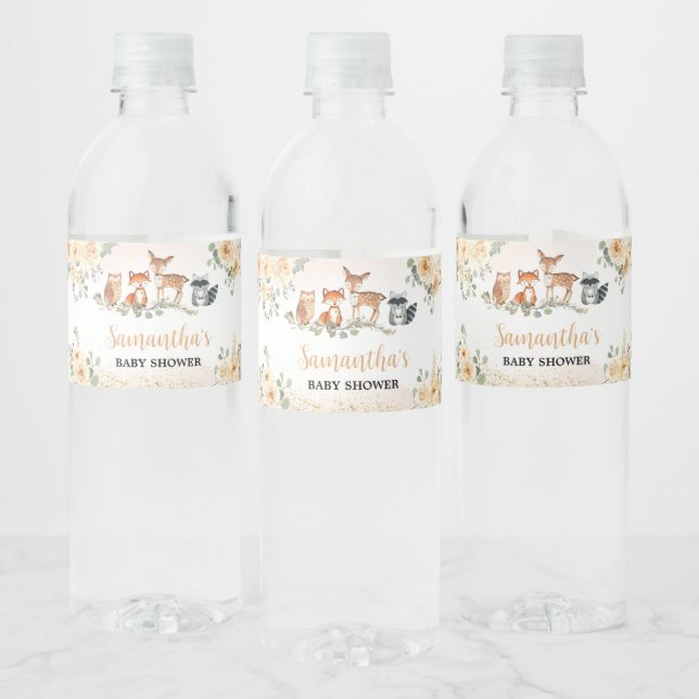 Floral Woodland Animals Baby Shower Water Bottle Label (Bottles)