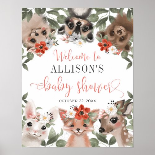 Floral Woodland animals baby shower welcome sign