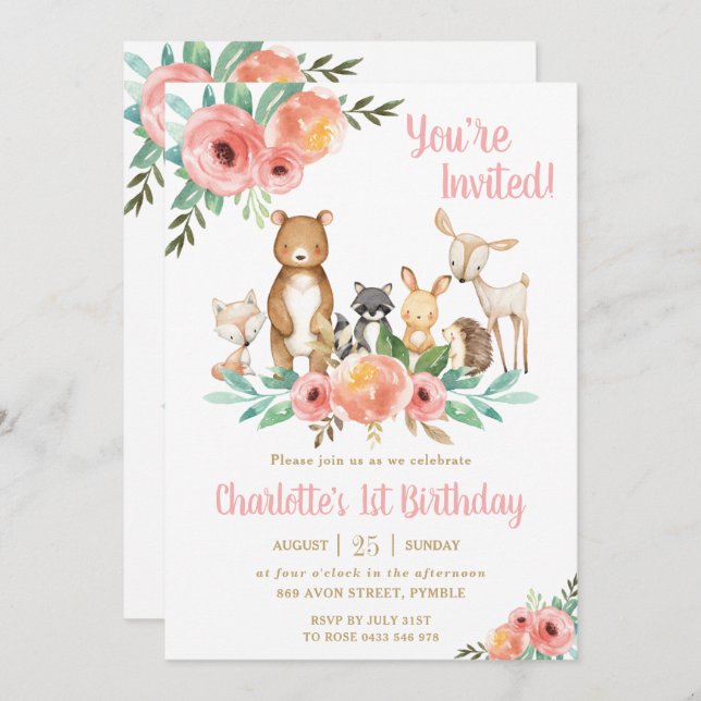 Floral Woodland Animals Birthday Party Forest Girl Invitation (Front/Back)