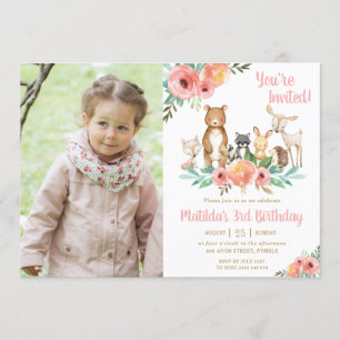 Floral Woodland Animals Birthday Party Girl Photo Invitation