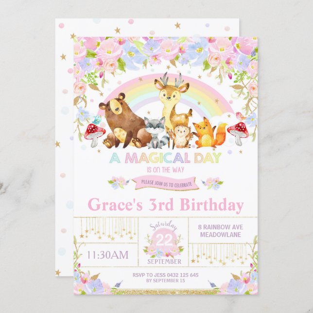 Floral Woodland Animals Birthday Party Invitation (Front/Back)