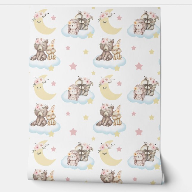 Floral Woodland Animals Clouds Stars Moon Nursery Wallpaper (Unrolling)