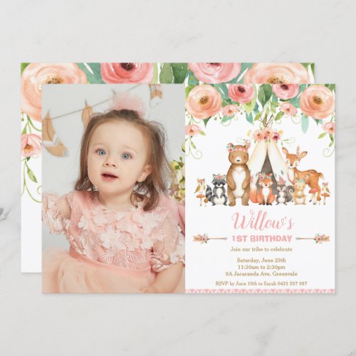 Floral Woodland Animals Forest 1st Birthday Photo Invitation