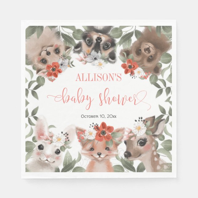 Floral woodland animals forest friends baby shower napkins (Front)