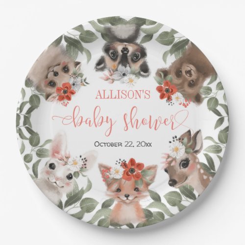 Floral woodland animals forest friends baby shower paper plates