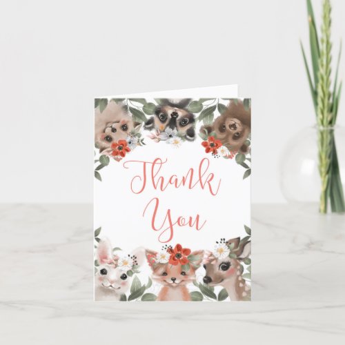Floral woodland animals forest friends pink white thank you card