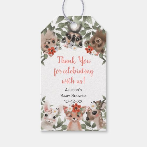 Floral woodland animals forest girl baby shower gift tags