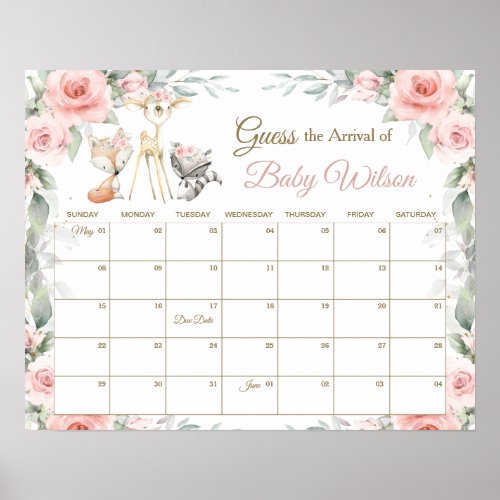 Floral Woodland Animals Guess Babys Due Date Game Poster