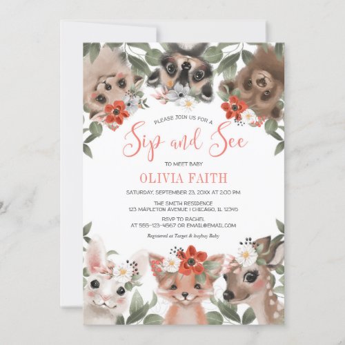 Floral woodland animals Sip and See meet baby girl Invitation