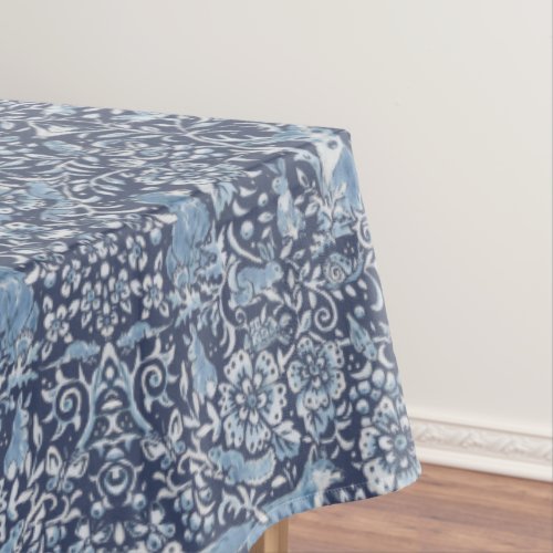 Floral Woodland Blue  White Forest Animal Pattern Tablecloth