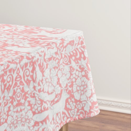 Floral Woodland Coral White Forest Animal Pattern Tablecloth