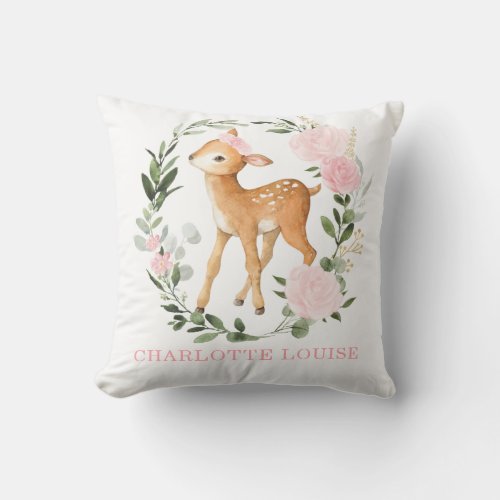 Floral Woodland Deer Greenery Baby Girl Nursery Throw Pillow