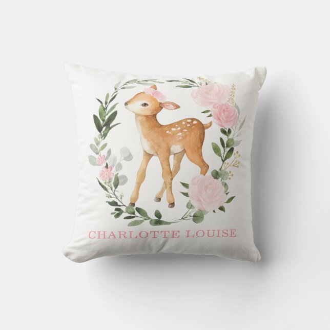 Floral Woodland Deer Greenery Baby Girl Nursery Throw Pillow (Front)