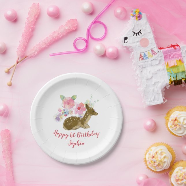 Floral Woodland Girl's 1st Birthday Paper Plates (Party)