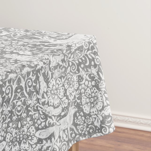 Floral Woodland Gray White Forest Animal Pattern Tablecloth (In Situ)