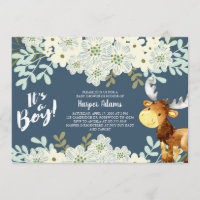 Floral Woodland Moose Boy Baby Shower Invitation
