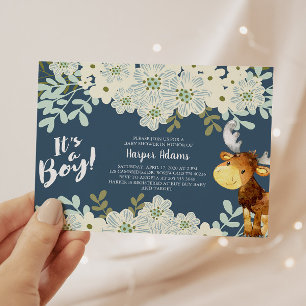 Floral Woodland Moose Boy Baby Shower Invitation