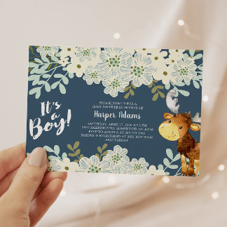 Floral Woodland Moose Boy Baby Shower Invitation