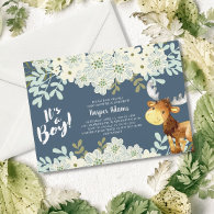 Floral Woodland Moose Boy Baby Shower Invitation