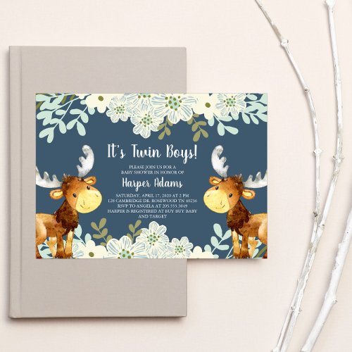 Floral Woodland Moose Twin Boys Baby Shower Invitation