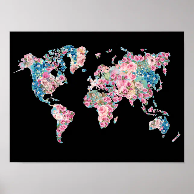 Floral World map Poster | Zazzle
