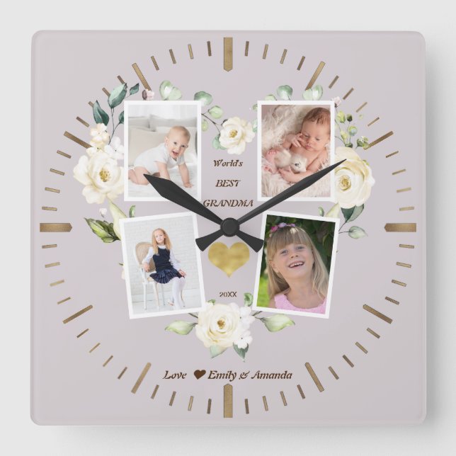 Floral World's Best Grandma Photo Mother's Day Square Wall Clock (Front)