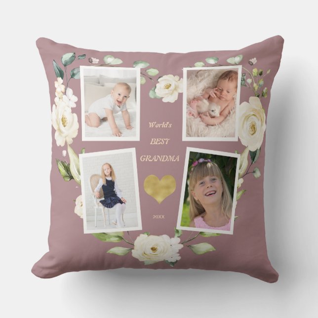 Floral World's Best Grandma Photo Mother's Day Throw Pillow (Front)