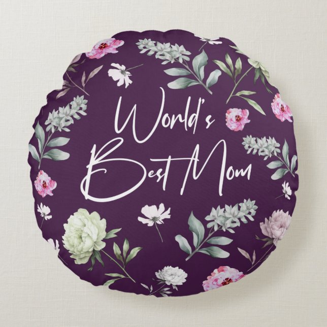 Floral World's Best Mom Round Pillow (Front)