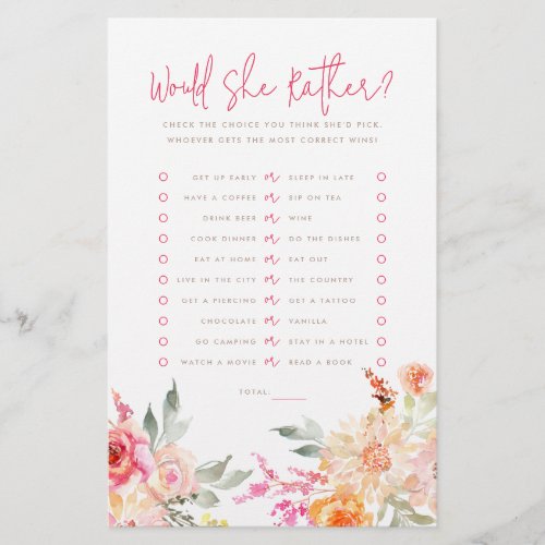 Floral Would She Rather Bridal Shower Game
