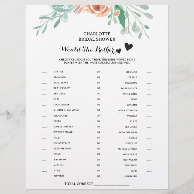 Floral Would She Rather Bridal Shower Game Flyer (Front)
