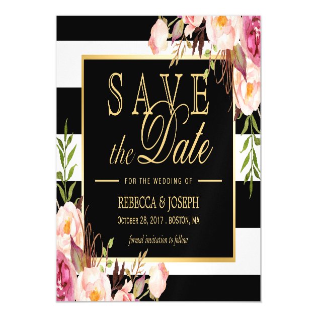 Floral Wrapped Black & White Striped Save The Date Magnetic Card