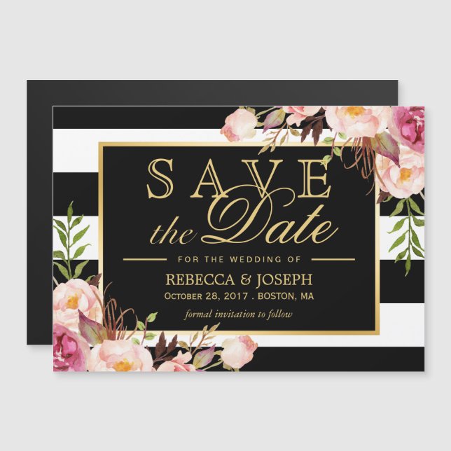 Floral Wrapped Black & White Striped Save the Date Magnetic Invitation (Front/Back)