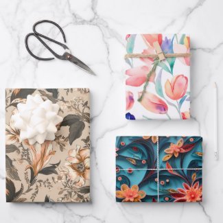 Floral Wrapping Paper Flat Sheet Set of 3
