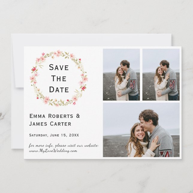 Floral Wreath 3-Photo Save the Date (Front)