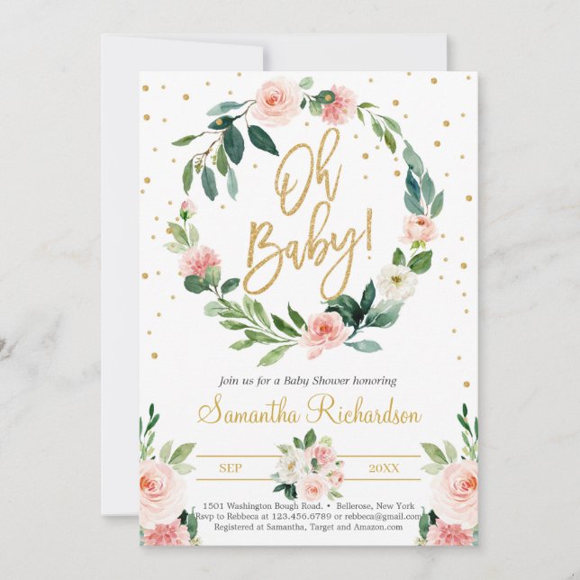 Floral Wreath and Greenery Eucalyptus Oh Baby Boho Invitation (Front)