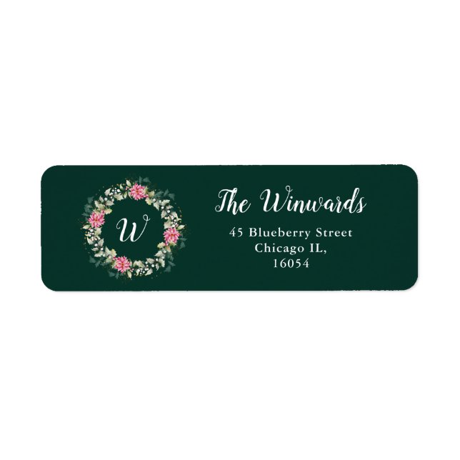 Floral Wreath and Pink Poinsettia Flowers Label (Front)