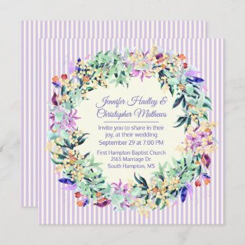 Floral Wreath And Stripes Wedding Invitation by Hannahscloset at Zazzle