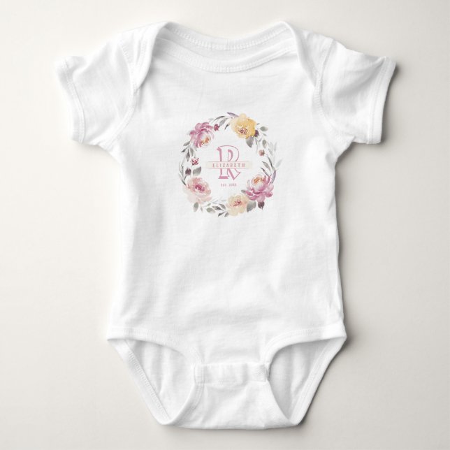 Floral wreath baby girl personalized monogram baby bodysuit (Front)