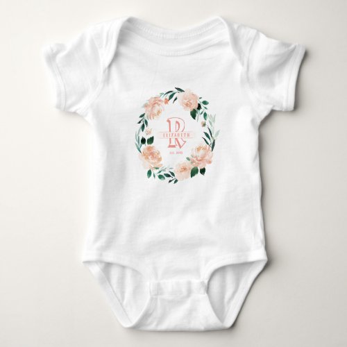 Floral wreath baby girl personalized monogram baby bodysuit