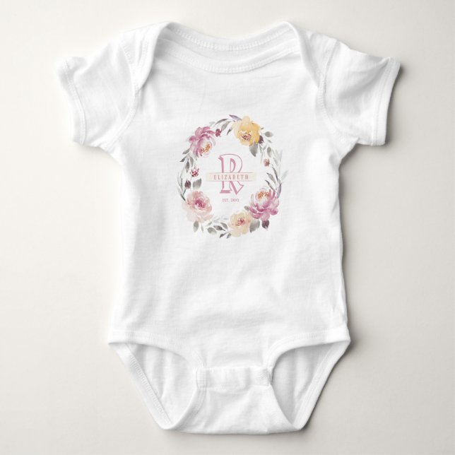 Floral wreath baby girl personalized monogram bodysuit (Front)