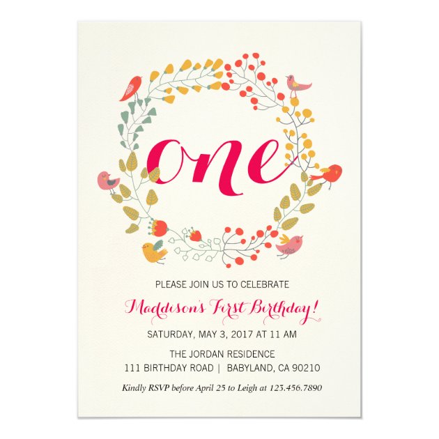 Floral Wreath Baby's First Birthday Invitation