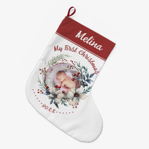 Floral wreath Baby's First Christmas photo Large Christmas Stocking