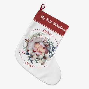 Floral wreath Baby's First Christmas photo Large Christmas Stocking