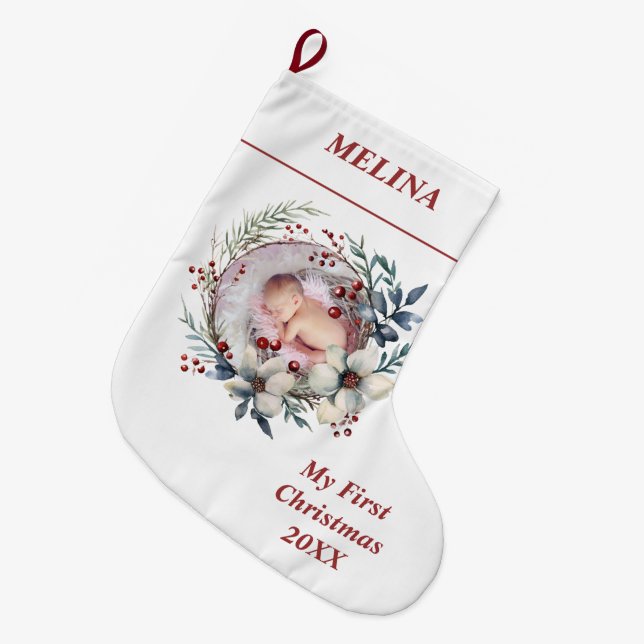 Floral wreath Baby's First Christmas photo Large Christmas Stocking (Front (Hanging))