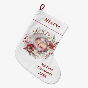 Floral wreath Baby's First Christmas red photo Large Christmas Stocking
