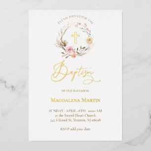 floral wreath Baptism  Foil Invitation