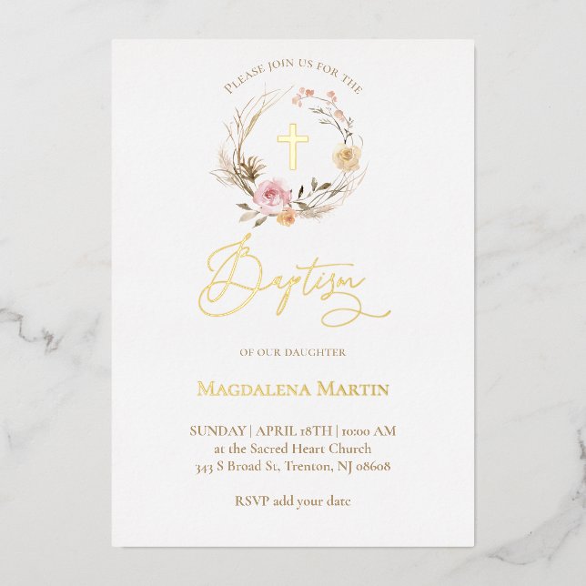 floral wreath Baptism  Foil Invitation (Front)