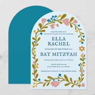 Floral Wreath Bat Mitzvah Hand-drawn Custom Arch Invitation